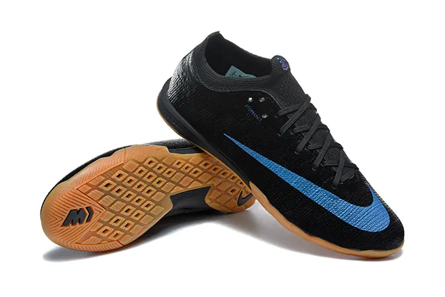 Nike Black Blue Knit Upper Gum Rubber Outsole Indoor Soccer Shoes