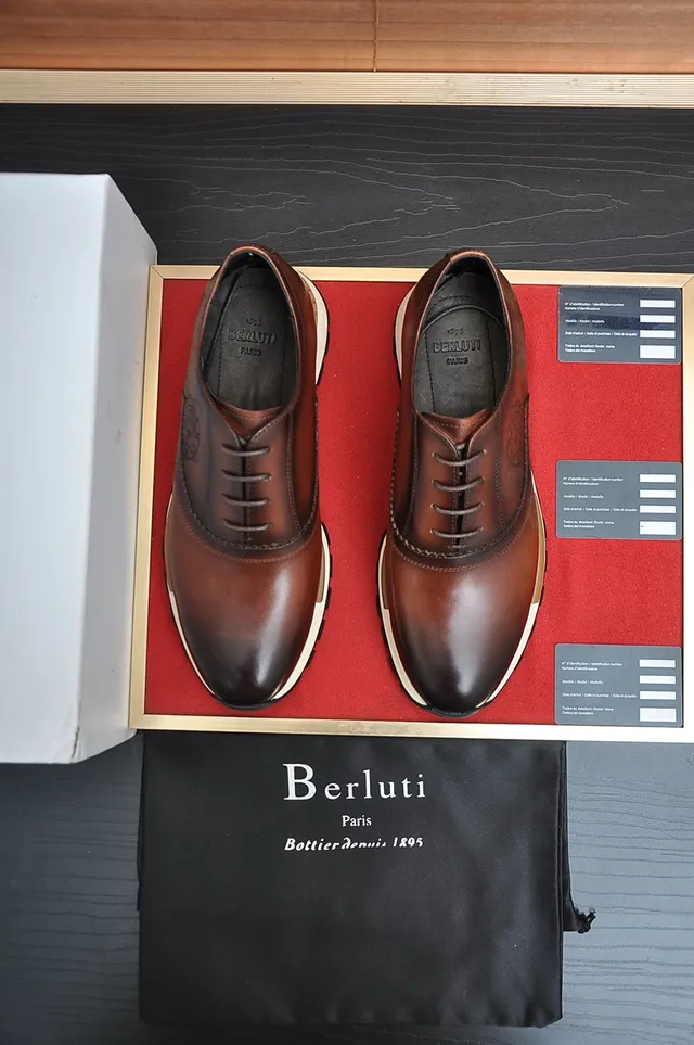 Berluti Brown White Polished Leather Embossed Crest Logo Derby Shoes