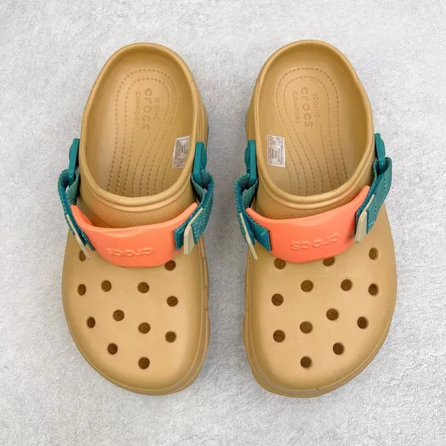 Crocs Echo Beige Blue Molded Foam Adjustable Strap Clog