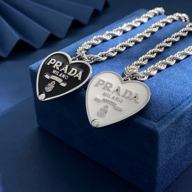 Prada Heart Pendant Necklace White and Black Enamel Rope Chain Necklaces