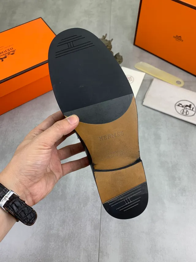 Hermès Oran Black Leather Buckle Strap Loafers