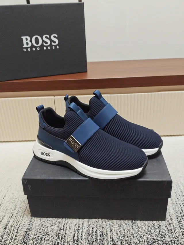 Hugo Boss Navy White Knit Upper Elastic Strap Closure Lifestyle Sneakers