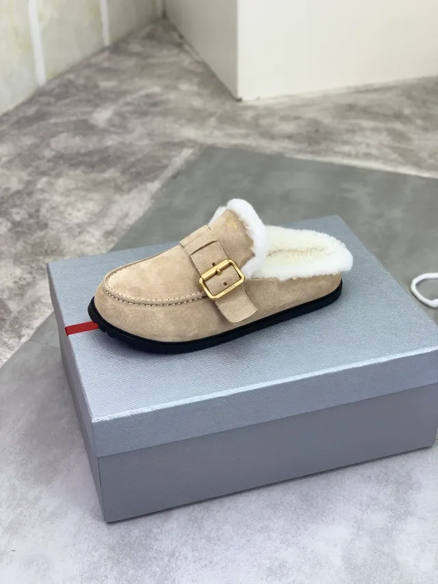 Prada Loafer Beige White Suede Upper Shearling-Lined Collar Loafer