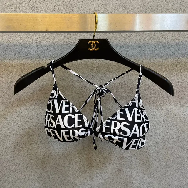 Versace Logo Print Black White Halter Triangle Top Swimwear