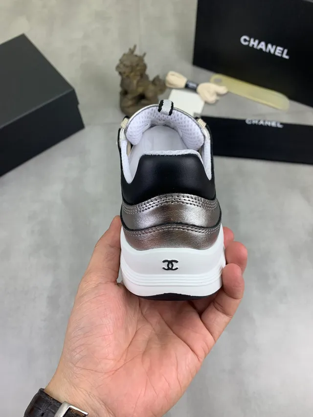 Chanel Silver Black Metallic Leather Striped Lacing Lifestyle Sneakers