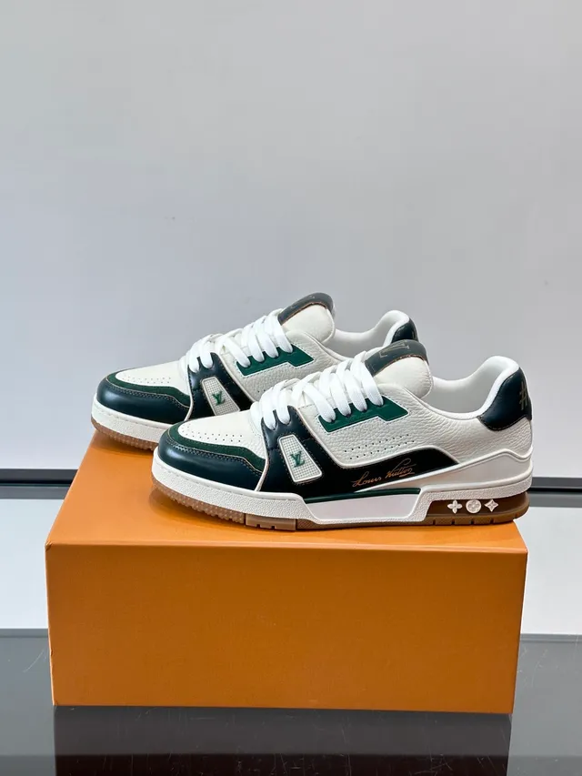 Louis Vuitton LV Trainer White Green Layered Leather Panels Perforated Toe Cap Lifestyle Sneakers