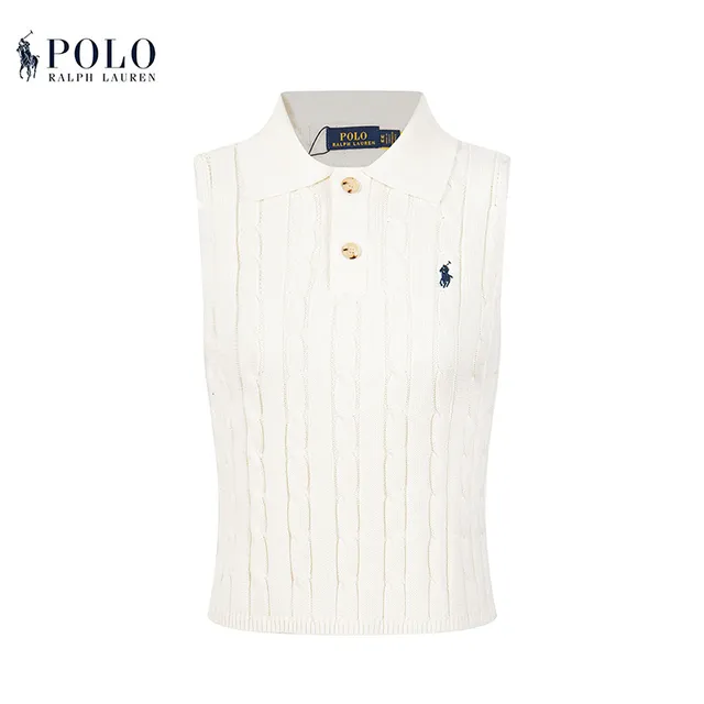 Polo Ralph Lauren Beige Navy Cable-Knit Sleeveless Polo Shirt