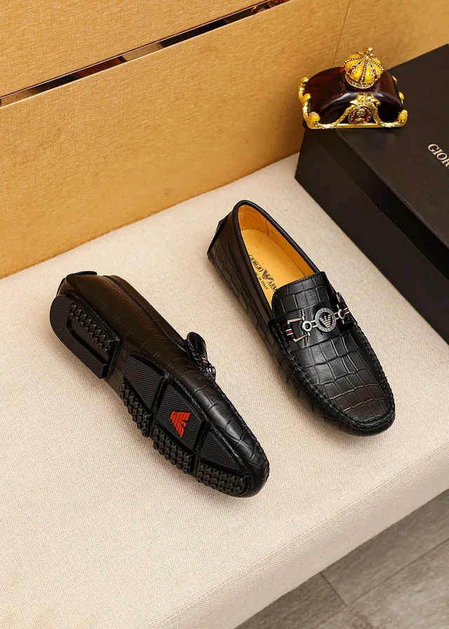 Giorgio Armani Black Beige Crocodile-Embossed Leather Metal Eagle-Buckle Hardware Loafer
