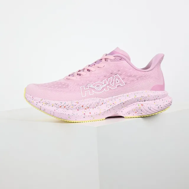 Hoka Pink Yellow Knit Upper Speckled Midsole Running Shoes