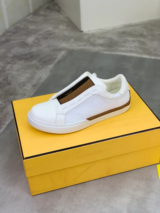 Fendi White Brown Slip-On Perforated Side Panel Lifestyle Sneakers