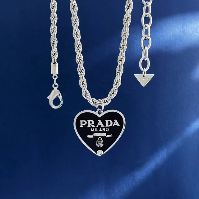 Prada Heart Pendant Necklace White and Black Enamel Rope Chain Necklaces