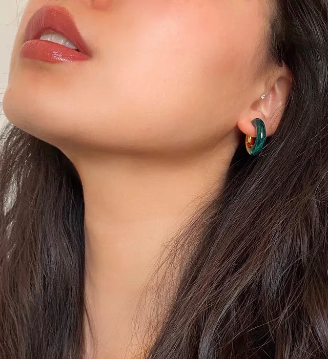 Bottega Veneta C-Shaped Hoop Brown Green Resin Inlay Earrings