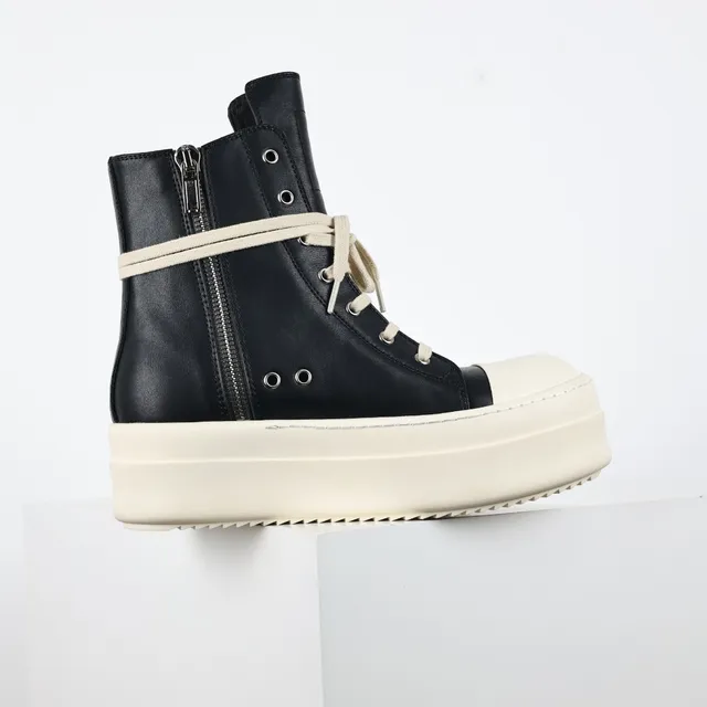 Rick Owens Geobasket Black and Cream Platform Ankle Boots