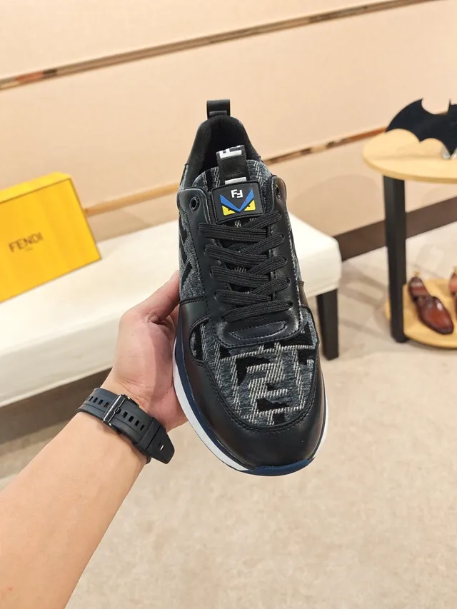 Fendi Black Navy FF Monogram Textile Layered Midsole Chunky Sneakers