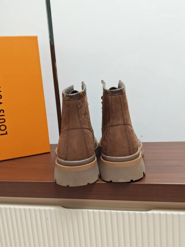 Louis Vuitton Brown Beige Monogrammed Suede Chunky Lug Sole Work Boots