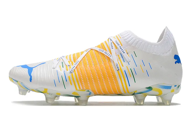 Puma Future Z White Multicolor Sock-Fit Collar Textured Orange Cage Firm-Ground Soccer Shoes