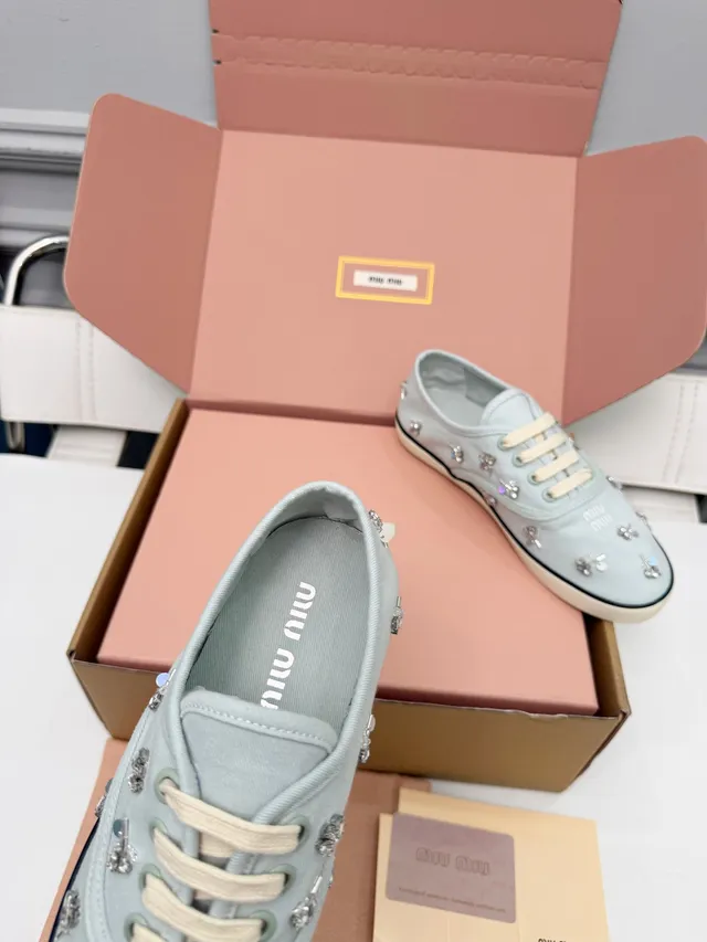 Miu Miu Wander Blue Beige Embellished Canvas Lifestyle Sneakers