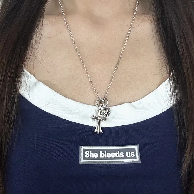 Chrome Hearts Cross and Heart Charm Silver Necklace
