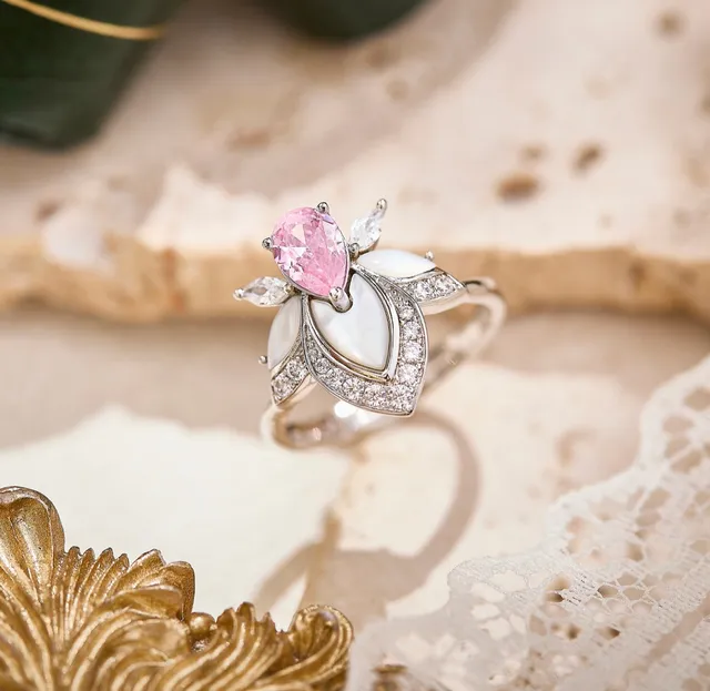 Floral Motif Pear-Cut Pink Gemstone Opal Petal Ring