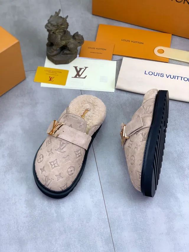 Louis Vuitton Monogram Suede Mule Beige Gold Monogrammed Shearling-Lined Loafer