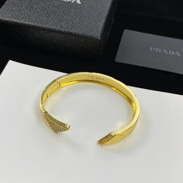 Prada Geometric Pavé Crystal Gold-Tone Open Cuff Bracelet
