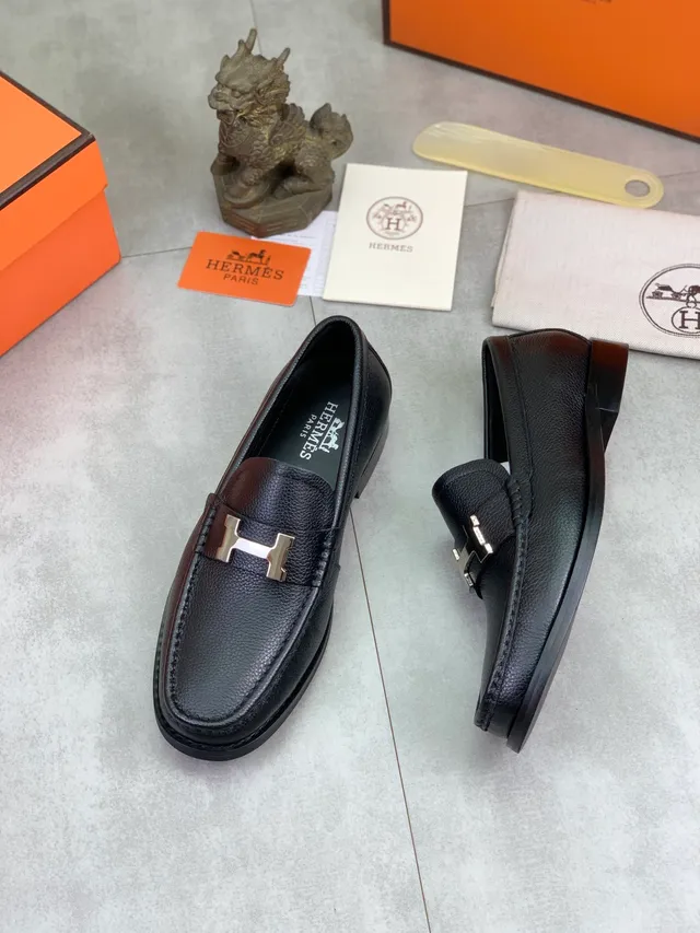 Hermès Oran Loafer Black Pebbled Leather H-Buckle Loafers