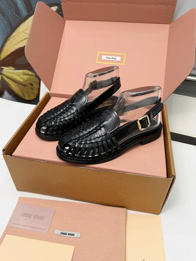 Miu Miu Wander Black Transparent Woven Leather Strap Casual Sandals