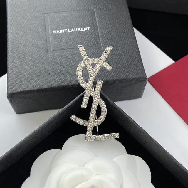 Saint Laurent Monogram Brooch Crystal-Encrusted Silver-Tone YSL Brooch