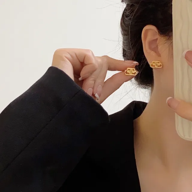 Balenciaga BB Gold Silver Interlocking Monogram Openwork Metal Earrings