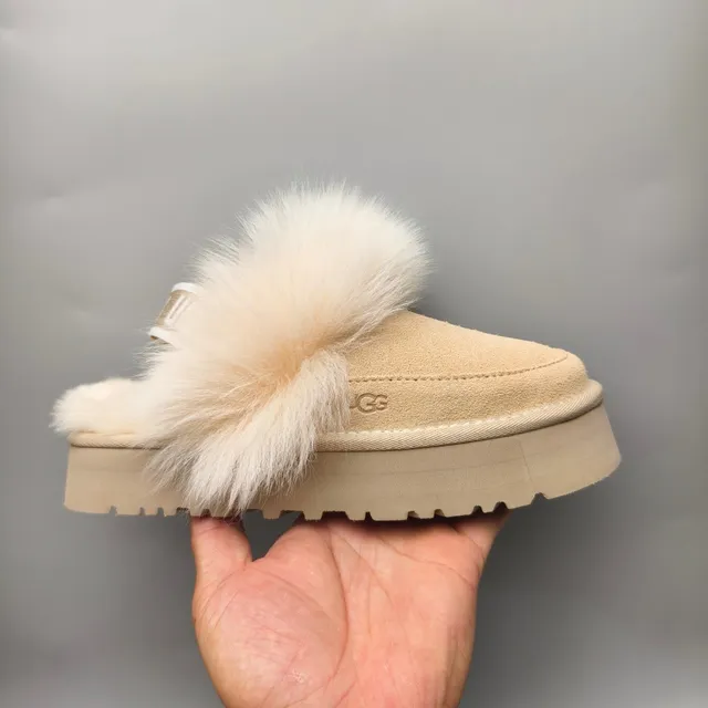 UGG Tasman Beige White Platform Sole Pom-Pom Fur Trim Casual Shoes