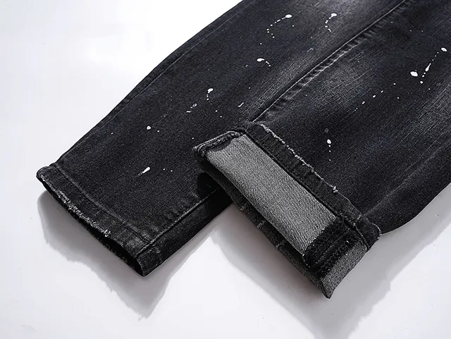 Purple Brand Distressed Paint-Splattered Black Slim-Fit Jeans