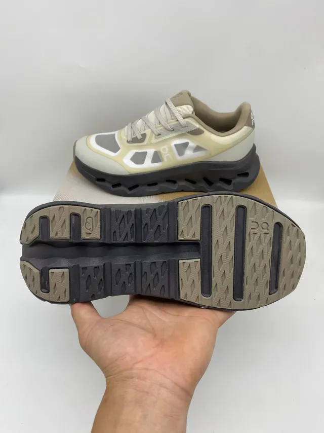 On Beige Gray Sculpted Open-Cell Midsole Mesh And Synthetic Overlay Upper Running Shoes
