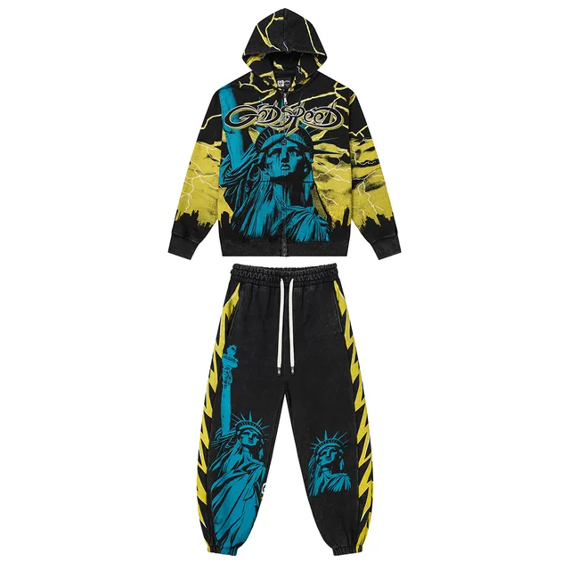 Godspeed Black Yellow Graphic-Print Lightning Motif Tracksuit