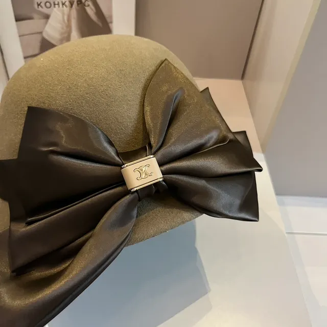 Celine Beige Brown Felt Satin Ribbon Bow Beret