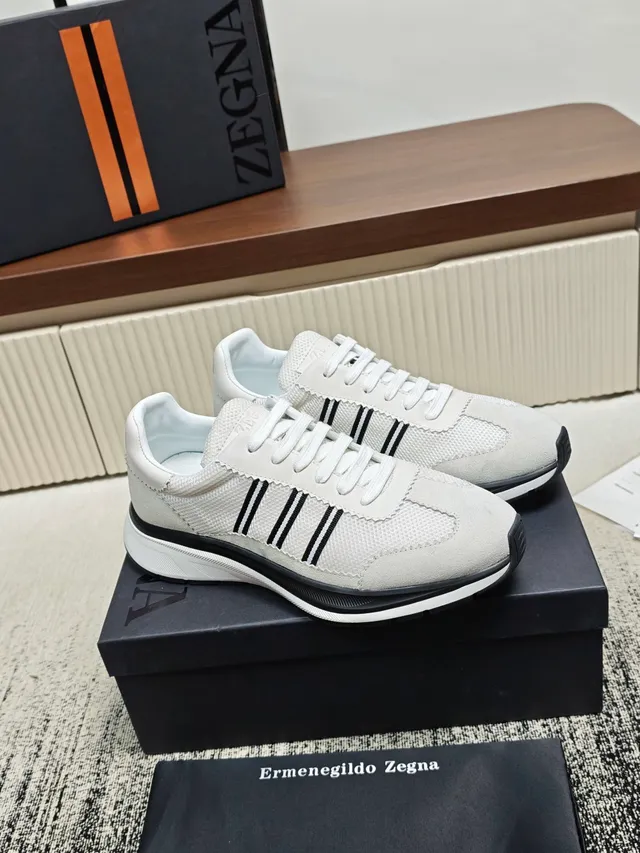 Zegna Beige Black Mesh And Nubuck Upper Three Side Stripes Sneakers