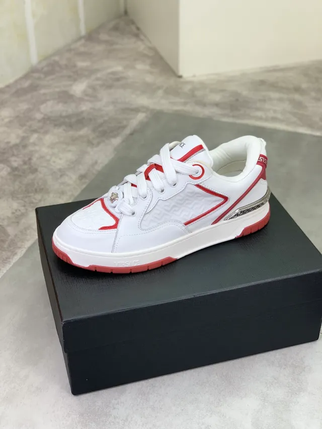 Versace White Red Greca-Embossed Leather Medusa Hardware Lifestyle Sneakers