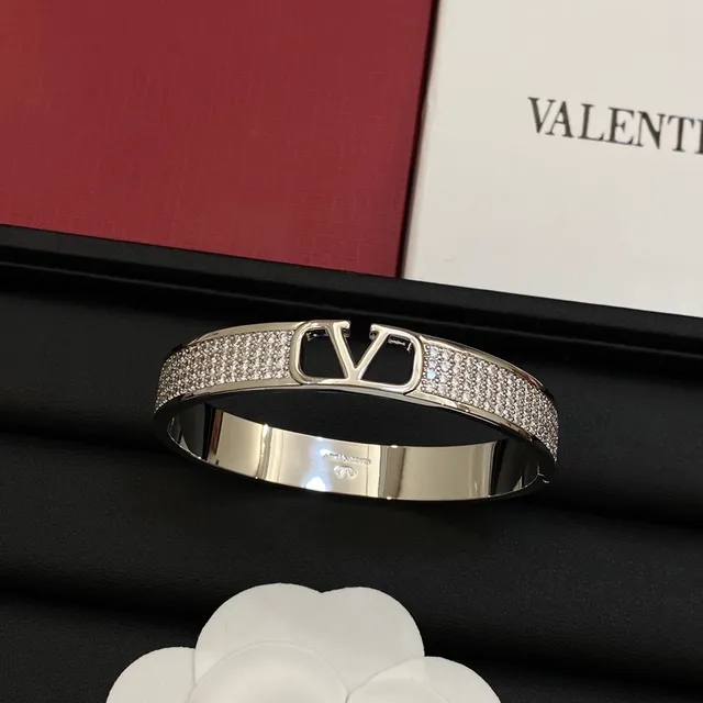 Valentino VLTN Pavé Crystal Open V Logo Bangle Bracelet