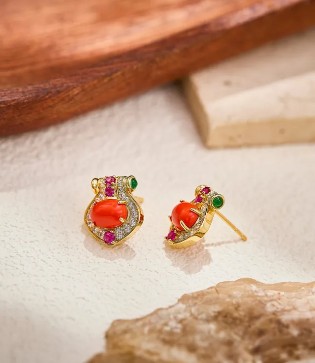 Gold-Tone Coral Cabochon Pave Diamond Halo Earrings
