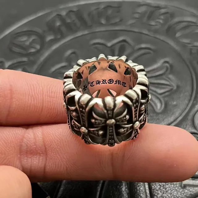 Chrome Hearts Floral Cross Pavé Oxidized Silver Ring