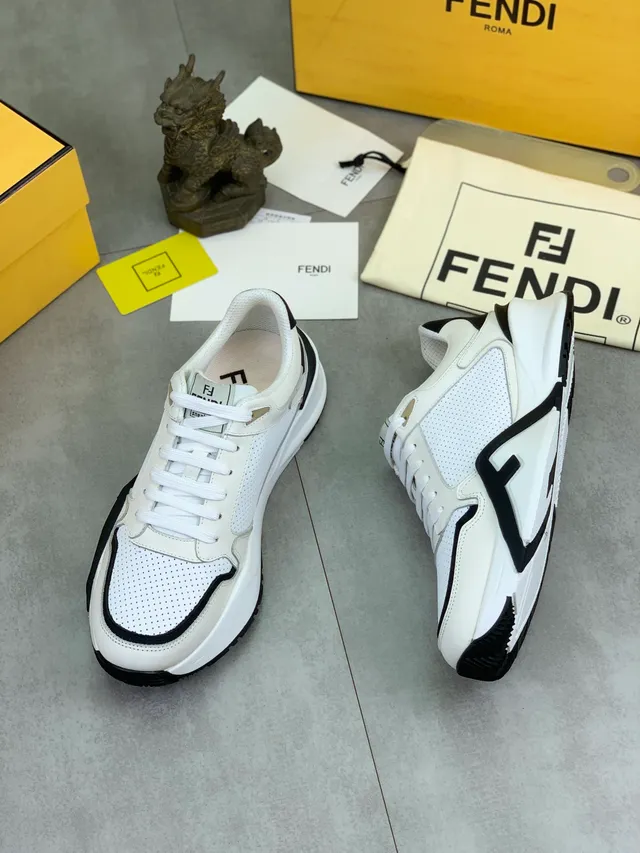 Fendi First White Black Perforated Leather Upper Contrast Trim Chunky Sneakers