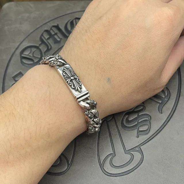 Chrome Hearts Curb Chain Bracelet Silver Heavy Floral Cross Motif Bracelets