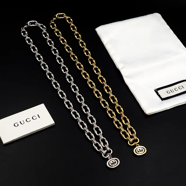 Gucci Bamboo Chain Engraved Double G Pendant Necklace