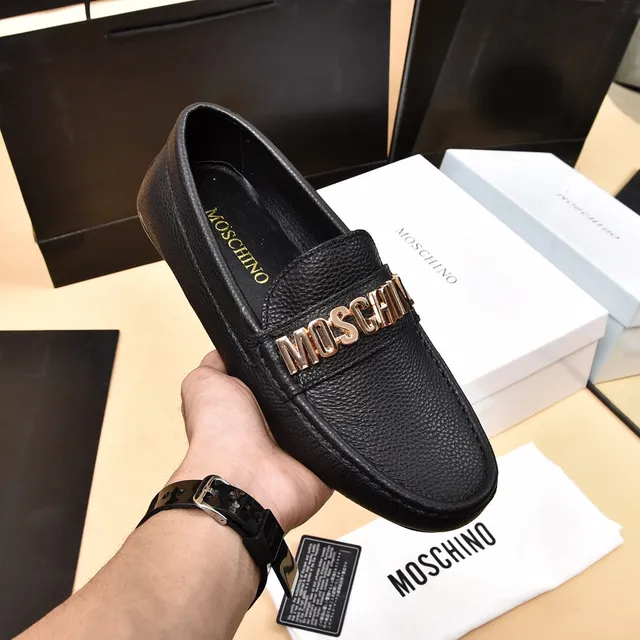 Moschino Logo-Bar Black Gold Pebbled Leather Hardware Loafer