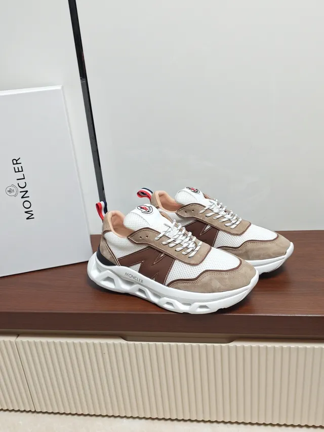 Moncler White Beige Layered Mesh And Suede Upper Oversized Brown 'M' Side Panel Chunky Sneakers