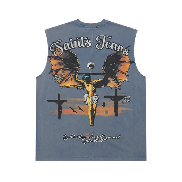 Blue Black Graphic-Print Sleeveless Vest Top
