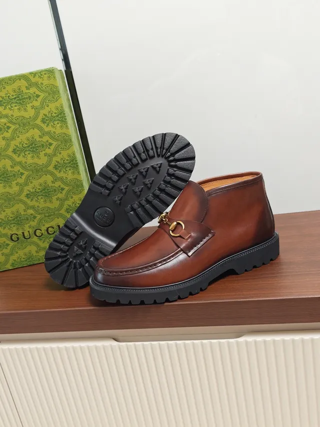 Gucci Brown Black Horsebit Buckle Ankle-Height Loafer