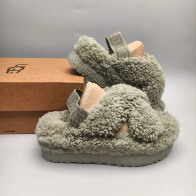 UGG Tasman Olive Green Shearling Cross-Strap Platform Slippers