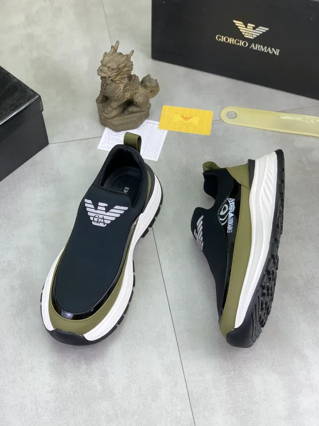 Giorgio Armani Black Army Green Slip-On Elastic Upper Lifestyle Sneakers