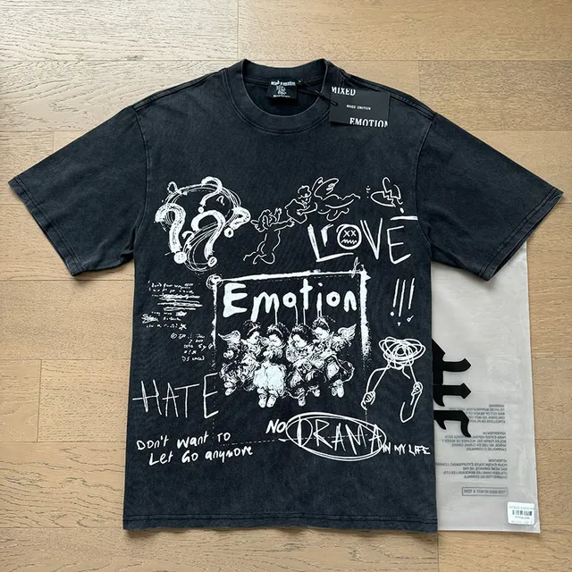 Mixed Emotion Graphic Print Distressed Black Oversized T-Shirt