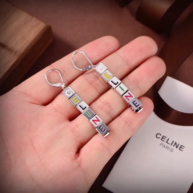 Celine Alphabet Cube Bead Gold Multicolor Lettering Lever-Back Hook Earrings